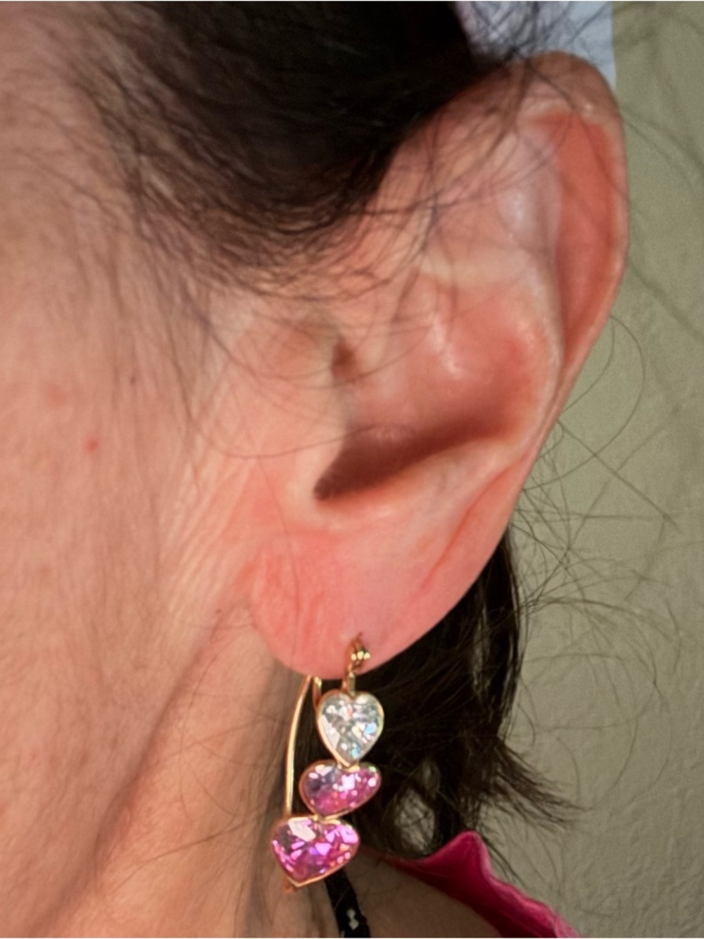 14kt Gold Heart Drop Earrings with Pink and Lavender Stones - Picture 2 of 4